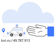 Small driverless car with wireless signals under a large cloud connected to a human hand icon. Ideal for future technology, smart transportation, IoT, cloud services, connectivity, innovative. Autonomous Vehicle and Cloud Computing Integration for Modern Transportation Solutions. Стоковая иллюстрация, агентство Ingram Publishing / Фотобанк Лори