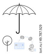 Umbrella symbolizing protection, a circular tree for sustainability, banking card, coins, and hand for financial transactions. Ideal for finance, insurance, eco-sustainability, banking investments. Umbrella shielding elements representing protection, sustainability, and financial transactions. Стоковая иллюстрация, агентство Ingram Publishing / Фотобанк Лори
