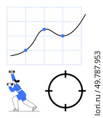 Growth chart showing upward trend with data points, bullseye target, and a woman exercising with dumbbells. Ideal for progress, achievement, goals, fitness, motivation, business growth. Achieving Goals Target, Growth Chart, and Determined Woman Exercising with Dumbbells. Стоковая иллюстрация, агентство Ingram Publishing / Фотобанк Лори