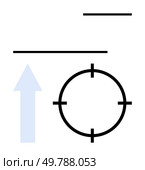 Light blue arrow pointing upward towards black target ring with four divisions and two horizontal bars above. Ideal for navigation, goals, progress, direction, strategy, planning, achievement. Line. Arrow pointing upward towards a target ring with horizontal bars above on white background. Стоковая иллюстрация, агентство Ingram Publishing / Фотобанк Лори