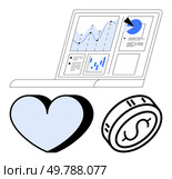 Laptop displaying graphs and charts, blue and black heart and coin symbols underneath. Ideal for business analytics, finance, statistics, report generation, data visualization, value representation. Data analysis on laptop screen with heart and coin illustrations representing metrics and value. Стоковая иллюстрация, агентство Ingram Publishing / Фотобанк Лори
