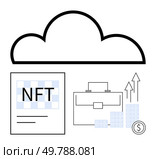 Cloud outline above NFT document, briefcase, coin, and charts with rising arrows and bar graphs. Ideal for technology, cryptocurrency, finance, data management, blockchain digital assets business. Cloud Storage and NFT Document with Business Growth Indicators and Briefcase. Стоковая иллюстрация, агентство Ingram Publishing / Фотобанк Лори