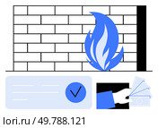 Brick wall with blue flame represents firewall protection, hand holding cash near payment checkmark highlights secure transactions. Ideal for cybersecurity, online payments, firewalls, security. Firewall Protection, Secure Online Payment, Hand Holding Cash Against Fraud. Стоковая иллюстрация, агентство Ingram Publishing / Фотобанк Лори