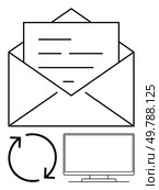 E-mail envelope with letter inside, sync arrows indicating refresh, and computer monitor. Ideal for email systems, communication, messaging, synchronization, updates, office correspondence digital. E-mail envelope with letter, sync arrows, and computer screen in outline style for communication themes. Стоковая иллюстрация, агентство Ingram Publishing / Фотобанк Лори