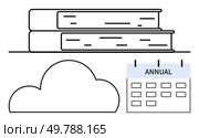 Stack of two books, cloud icon, and calendar labeled annual. Ideal for education, cloud computing, time management, planning, digital libraries annual reports records. Line metaphor. Stack of Books, Cloud, and Annual Calendar Representing Knowledge, Data Storage, and Scheduling. Стоковая иллюстрация, агентство Ingram Publishing / Фотобанк Лори