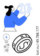 Woman holding puzzle piece with arrows, light bulb with currency symbols, and spinning coin. Ideal for strategic planning, financial management, problem-solving, innovation, business strategy. Solving Puzzles, Generating Ideas, and Managing Finances Elements of Strategic Planning. Стоковая иллюстрация, агентство Ingram Publishing / Фотобанк Лори
