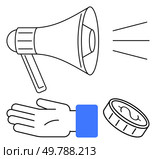 Loudspeaker with sound lines, hand with blue wrist receiving a coin. Ideal for charity, communication, donations, public speaking, announcements, fundraising and support. Line metaphor. Loudspeaker With Hand Receiving Coin - Concepts of Charity, Communication, and Financial Assistance. Стоковая иллюстрация, агентство Ingram Publishing / Фотобанк Лори
