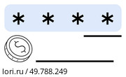 Password input field with four asterisks for encryption, adjacent to a dollar coin symbolizing payment security. Ideal for online security, e-commerce, fintech, apps, digital wallets, web, v11 design. Security and Payment Processing Concept with Password Encryption and Dollar Coin. Стоковая иллюстрация, агентство Ingram Publishing / Фотобанк Лори