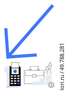 Blue downward arrow, calculator with receipt, briefcase, and growth charts. Ideal for finance, accounting, business growth, economic analysis, investment strategy financial planning cost reduction. Blue Arrow, Calculator, Briefcase, and Increasing Graphs Depicting Financial Analysis and Business Growth. Стоковая иллюстрация, агентство Ingram Publishing / Фотобанк Лори