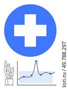 Blue cross symbol potted plant and graph line with data points conveying health, wellness, growth, data analysis, sustainability, medical progress, healing. Ideal for health-focused designs. Line. Healthcare Growth and Sustainability Cross, Plant, and Data Trends Meeting Modern Needs. Стоковая иллюстрация, агентство Ingram Publishing / Фотобанк Лори