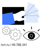 Hand holding cash, gears representing mechanisms, and an eye symbolizing supervision. Ideal for business, finance, accounting, operations management, quality control, marketing campaigns project. Hand Holding Money with Gear Mechanisms and Eye to Represent Financial Oversight and Operations. Стоковая иллюстрация, агентство Ingram Publishing / Фотобанк Лори