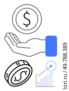 Hand holding coin, another coin, growth chart, and target with arrow. Ideal for finance, investment, savings, business growth success economic strategy and wealth. Line metaphor. Hand Holding Money with Growth Chart and Target Concept for Financial Success and Investment. Стоковая иллюстрация, агентство Ingram Publishing / Фотобанк Лори