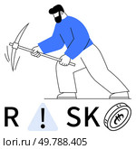 Miner wielding pickaxe, risk warning triangle, and Bitcoin symbol. Ideal for financial caution, cryptocurrency risks, mining safety, economic hazards, investment care, digital currency education. Miner with pickaxe next to risk warning triangle and Bitcoin symbol, emphasizing cryptocurrency hazards. Стоковая иллюстрация, агентство Ingram Publishing / Фотобанк Лори