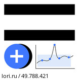 Black horizontal equals sign blue plus sign circle line graph with data points indicating trends. Ideal for finance, equality, growth, analysis, tracking, data visualization, business. Line. Financial Growth and Equality Concept with Chart and Plus Sign Symbols for Analysis. Стоковая иллюстрация, агентство Ingram Publishing / Фотобанк Лори