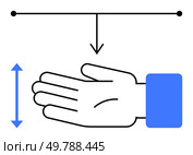 Hand beneath line with downward arrow and vertical bidirectional arrow. Ideal for balance, measurement, precision, support, alignment, guidance, decision-making. Line metaphor. Hand Beneath Horizontal Line with Downward Arrow and Bidirectional Vertical Arrow Representing Balance. Стоковая иллюстрация, агентство Ingram Publishing / Фотобанк Лори