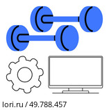 Two blue dumbbells beside a computer monitor and a settings cog. Ideal for fitness apps, tech integration, home workouts, personalized training, user settings, productivity tools, health management. Fitness adaptation through technology featuring dumbbells, a computer monitor, and a settings cog. Стоковая иллюстрация, агентство Ingram Publishing / Фотобанк Лори