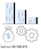 Bar chart indicating a decline, accompanied by a money bag and two gear wheels. Ideal for business, finance, investment, economic trends, efficiency, strategy and productivity themes. Line metaphor. Bar Chart with Declining Trend, Money Bag, and Gear Wheels Representing Financial Efficiency. Стоковая иллюстрация, агентство Ingram Publishing / Фотобанк Лори