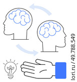 Human heads with brains and arrows indicating transfer, light bulb representing ideas, and hand. Ideal for innovation, communication, collaboration, creativity, knowledge sharing, problem-solving. Brain Transfer Concept with Human Heads, Light Bulb, and Hand Symbolizing Sharing Ideas. Стоковая иллюстрация, агентство Ingram Publishing / Фотобанк Лори