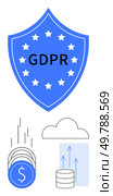 Blue shield with GDPR and stars, stack of coins, cloud, and data storage symbol with arrows. Ideal for data protection, regulatory compliance, cybersecurity, financial efficiency, cloud services. GDPR compliance with visual elements highlighting financial savings, cloud security, and data storage efficiency. Стоковая иллюстрация, агентство Ingram Publishing / Фотобанк Лори
