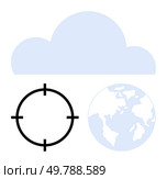 Cloud above a target crosshair and global map representing data integration, globalization, analytics, or networking. Ideal for tech, IT, global business, navigation, data science cloud services. Technology integration concept with cloud, global map, and crosshair target. Стоковая иллюстрация, агентство Ingram Publishing / Фотобанк Лори