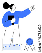 Woman with tablet points forward suggesting growth. Graph indicates progress. Medal symbolizes success. Ideal for leadership strategy progress, motivation, achievement, innovation, growth. Line. Visionary Leadership Achieving Success Through Focused Strategy and Analysis. Стоковая иллюстрация, агентство Ingram Publishing / Фотобанк Лори