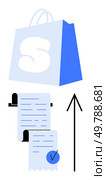 Shopping bag with receipt featuring a checkmark and upward arrow indicating positive results. Ideal for retail, e-commerce, shopping success, sales growth, customer satisfaction, financial growth. Shopping bag, receipt with checkmark, upward arrow representing successful shopping experience. Стоковая иллюстрация, агентство Ingram Publishing / Фотобанк Лори
