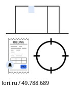 Billing receipt with payment button, delivery box package, circular location indicator. Ideal for e-commerce, business operations, logistics, delivery services, financial transactions, online. Business concepts with bills, payments, navigation, and delivery - billing receipt, package, location indicator. Стоковая иллюстрация, агентство Ingram Publishing / Фотобанк Лори