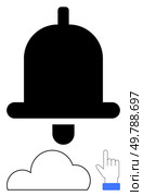 Notification bell with cloud storage icon and cursor hand pointing. Ideal for online alerts, cloud services, digital notifications, user interface design, web applications, email alerts, IT support. Notification Bell, Cloud Storage Icon, and Cursor Hand Illustrating Online Interaction Concept. Стоковая иллюстрация, агентство Ingram Publishing / Фотобанк Лори