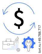 Dollar sign encircled by arrows symbolizing financial cycles above business and finance icons, including a briefcase, bar graphs, and a gear with a wrench. Ideal for finance, business growth. Dollar sign with revolving arrows representing financial success and growth, accompanied by business icons. Стоковая иллюстрация, агентство Ingram Publishing / Фотобанк Лори