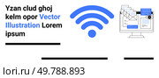 wireless symbol in blue with computer monitor displaying emails and text blocks. Text with different formatting styles. Ideal for tech blogs, web design, eCommerce, marketing pitches, educational. wireless Symbol with Computer Displaying Emails and Text Blocks in Modern Design. Стоковая иллюстрация, агентство Ingram Publishing / Фотобанк Лори