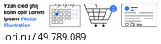 Calendar with marked date, shopping cart with a notification, social media post with thumbs ups and comments, and text placeholder. Ideal for e-commerce, social media, online shopping, scheduling. Calendar, shopping cart with notification, social media post, and text placeholder for digital interfaces. Стоковая иллюстрация, агентство Ingram Publishing / Фотобанк Лори