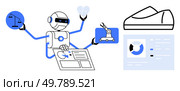 Robot with multiple arms analyzing data, handling a heart, robot arm, scales, and sneaker icon. Ideal for AI development, robotics, data analysis, technology, healthcare, manufacturing. Multifunctional Robot Analyzing Data and Performing Tasks with Advanced Technology Integration. Стоковая иллюстрация, агентство Ingram Publishing / Фотобанк Лори