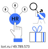 Hand touching HR button, connecting to people icons, person holding magnifying glass, and gift box. Ideal for HR systems, recruiting, employee engagement, team rewards, career development HR. Human Resources Concept with Interaction, Employee Search, and Gift Icon. Стоковая иллюстрация, агентство Ingram Publishing / Фотобанк Лори