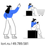 Woman pointing upward, sitting on a box next to a shopping cart, and reading on her phone. Ideal for lifestyle, e-commerce, communication, technology, productivity education social media. Line. Woman engaged in different activities shopping, pointing, and reading on phone with minimalist design. Стоковая иллюстрация, агентство Ingram Publishing / Фотобанк Лори