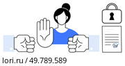 Woman with raised hand stopping two fists, lock, and signed document. Ideal for conflict resolution, security, peace, mediation, negotiation boundaries cooperation. Line metaphor. Digitally Illustrated Woman Preventing Conflict Between Two Fists with Peace Agreement and Lock. Стоковая иллюстрация, агентство Ingram Publishing / Фотобанк Лори