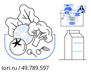Bowl of vegetables and fruits, online grocery shopping scene, and a carton. Ideal for health-conscious, online shopping, ecommerce, groceries, nutrition healthy lifestyle digital marketplace. Line. Healthy Food Choices and Online Shopping for Groceries and Daily Essentials. Стоковая иллюстрация, агентство Ingram Publishing / Фотобанк Лори