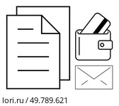 Papers, wallet with credit card, and envelope emphasizing transaction and communication. Ideal for finance, office work, banking, invoicing, correspondence documentation and record-keeping. Line. Financial Transaction Elements Documents, Wallet with Card, and Envelope. Стоковая иллюстрация, агентство Ingram Publishing / Фотобанк Лори