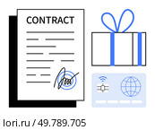 Contract with signature, gift box with ribbon, credit card with chip and contactless payment symbol. Ideal for business agreements, contracts, banking, finance, online shopping, gifts. Contract, gift box with ribbon, and credit card with chip and contactless payment symbol. Стоковая иллюстрация, агентство Ingram Publishing / Фотобанк Лори