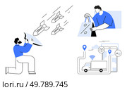 Man using a shield against DDoS attacks, person holding shopping bags, and a truck with GPS tracking. Ideal for cyber security, e-commerce, logistics, digital security, online shopping. Man Defending Against Cyber Attacks, Online Shopping, and Fleet Management with GPS Tracking. Стоковая иллюстрация, агентство Ingram Publishing / Фотобанк Лори