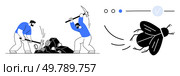 Two men hitting a pile of mechanical bugs with tools next to a flying bug and progress bar with checkmark. Ideal for software debugging, error fixing, teamwork, productivity, development process. Two workers smashing bugs with a sledgehammer and pickaxe, symbolizing error fixing in software development. Стоковая иллюстрация, агентство Ingram Publishing / Фотобанк Лори