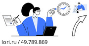 Office worker analyzing documents at the desk, planning tasks, pointing at the clock. Ideal for time management, task prioritization, work-life balance, productivity strategies, office efficiency. Office worker analyzing documents, planning tasks, time management pointing at the clock, setting future goals. Стоковая иллюстрация, агентство Ingram Publishing / Фотобанк Лори