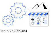 E-commerce storefront screen with shopping elements, adjacent gear mechanisms, and pyramid background. Ideal for online retail, technology integration, digital marketing, product showcase, business. E-commerce Storefront with Gear Mechanism and Pyramids Background Highlighting Technical Integration. Стоковая иллюстрация, агентство Ingram Publishing / Фотобанк Лори