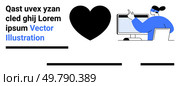 Heart symbol, person using computer, dummy text. Ideal for web design, social media, infographics, presentations, educational materials, advertisements, and apps Landing page. Heart Symbol, Text, and Person Using Computer in Blue, Black, and White. Стоковая иллюстрация, агентство Ingram Publishing / Фотобанк Лори