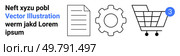 Document icon, gear symbol, and shopping cart with notification badge in blue circle. Ideal for e-commerce, integration, online shopping, technical settings, document management, notifications. Document, Gear, and Shopping Cart with Notification Symbol Representing E-commerce Integration. Стоковая иллюстрация, агентство Ingram Publishing / Фотобанк Лори