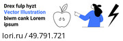 Female character pointing at apple and lightning bolt. Ideal for educational content, presentations, infographics, design projects, creative workshops, social media posts. Banner for landing page. Modern Art Elements with Female Character Pointing at Apple and Lightning Bolt. Стоковая иллюстрация, агентство Ingram Publishing / Фотобанк Лори