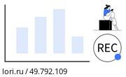Bar graph with four blue bars, person sitting on block analyzing information, and REC indicator. Ideal for data analysis, reporting, presentations, statistics, business, technology educational. Digital bar graph representation with recording indicator and person analyzing data on the side. Стоковая иллюстрация, агентство Ingram Publishing / Фотобанк Лори