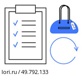 Clipboard with checklist, blue handbag with tag, and circular arrow. Ideal for retail, shopping, to-do lists, organization, ecommerce fashion industry returns. Line metaphor. Checklist with Blue Handbag and Circular Arrow Symbolizing Shopping and Return Process. Стоковая иллюстрация, агентство Ingram Publishing / Фотобанк Лори