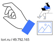 Hand gesturing, woman sitting with laptop, framed landscape image. Ideal for technology, productivity, design, remote work, digital art, virtual meetings, presentations. Line metaphor. Hand Gesturing with Woman Using Laptop and Landscape Picture Elements for Multifaceted Use. Стоковая иллюстрация, агентство Ingram Publishing / Фотобанк Лори
