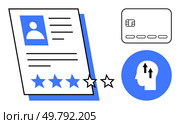 Evaluation sheet with profile picture and rating stars, credit card, and human head icon with upward arrows. Ideal for recruitment, finance, growth, performance review, personal development. Evaluation Sheet with Rating Stars, Credit Card, and Human Head with Upward Arrows. Стоковая иллюстрация, агентство Ingram Publishing / Фотобанк Лори