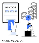 Hand inserting money into digital screen with HS Code, next to stacked coins and person using tablet. Ideal for online transactions, e-commerce, finance education, trade, digital banking, financial. Online Payment with HS Code, Stacked Coins, and Person Using Tablet. Стоковая иллюстрация, агентство Ingram Publishing / Фотобанк Лори